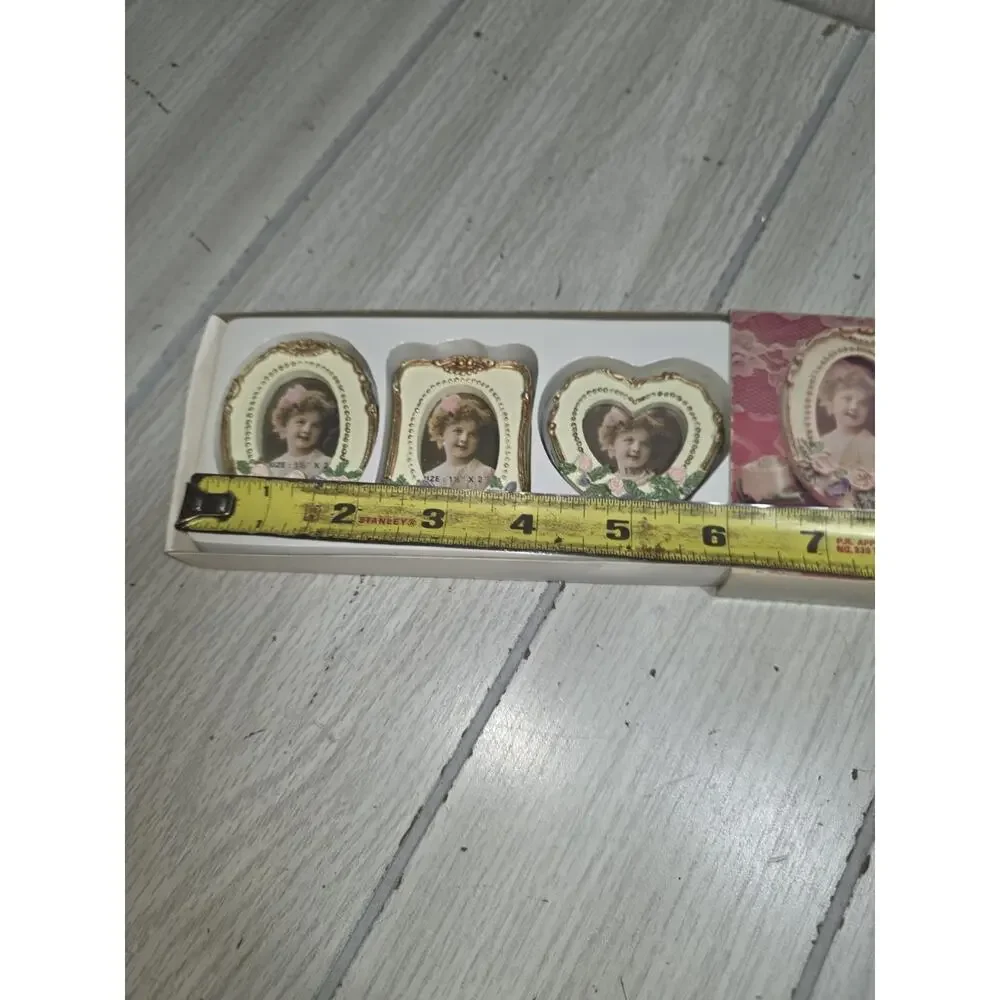 VTG Victorian Porcelain 3D Pink Floral Mini Photo Frame Magnets 3 Piece Set NIB